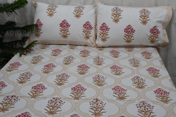 Hand Block Printed Bed Sheet and Pillowcase Set Fitted Bedsheet (queen)