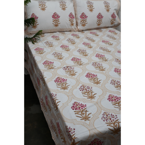 Hand Block Printed Bed Sheet and Pillowcase Set Fitted Bedsheet (queen)