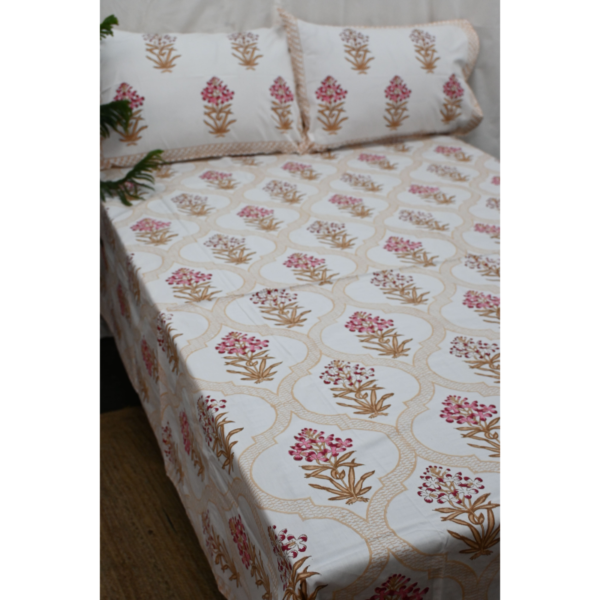 Hand Block Printed Bed Sheet and Pillowcase Set Fitted Bedsheet (queen)