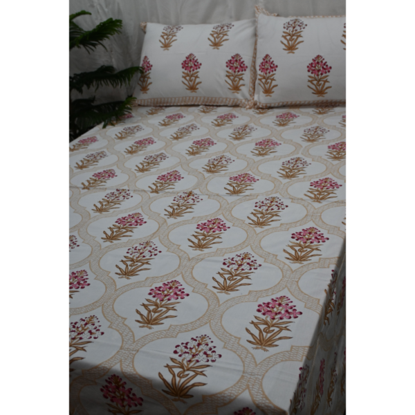 Hand Block Printed Bed Sheet and Pillowcase Set Fitted Bedsheet (queen)