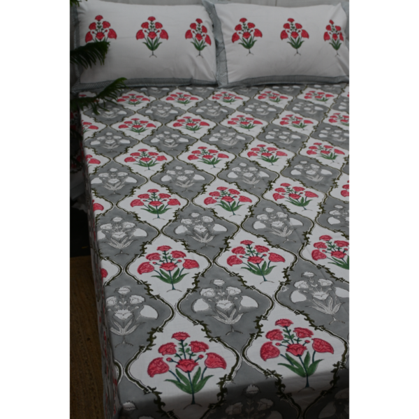 Hand Block Printed Bed Sheet and Pillowcase Set Fitted Bedsheet (queen)