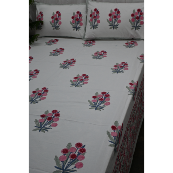 Hand Block Printed Bed Sheet and Pillowcase Set Fitted Bedsheet (queen)