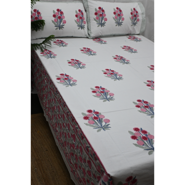 Hand Block Printed Bed Sheet and Pillowcase Set Fitted Bedsheet (queen)