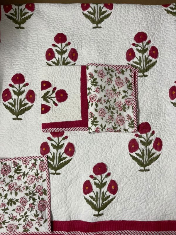 Hand Block Printed machine quilted reversible bedcover with Two quilted pillow covers