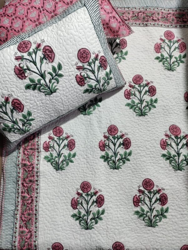 Hand Block Printed machine quilted reversible bedcover with Two quilted pillow covers
