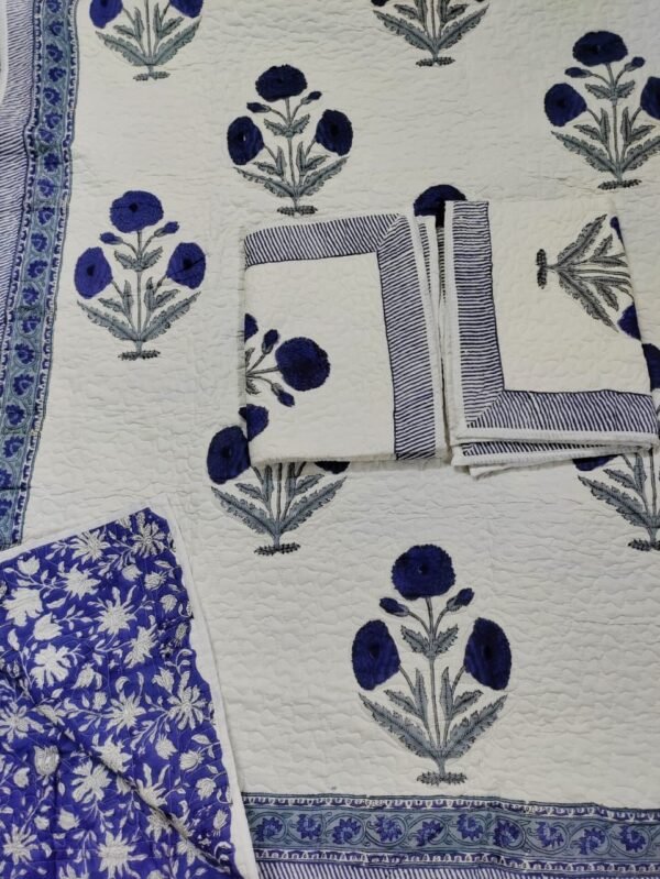 Hand Block Printed machine quilted reversible bedcover with Two quilted pillow covers