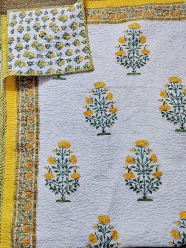 Hand Block Printed machine quilted reversible bedcover with Two quilted pillow covers