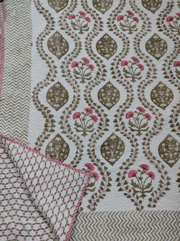 Hand Block Printed machine quilted reversible bedcover with Two quilted pillow covers