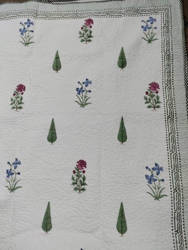 Hand Block Printed machine quilted reversible bedcover with Two quilted pillow covers
