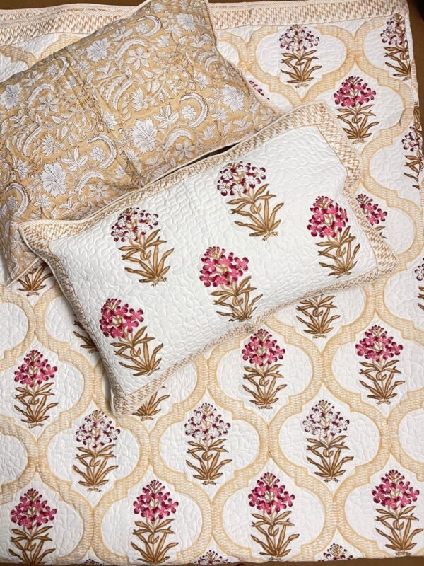 Hand Block Printed machine quilted reversible bedcover with Two quilted pillow covers