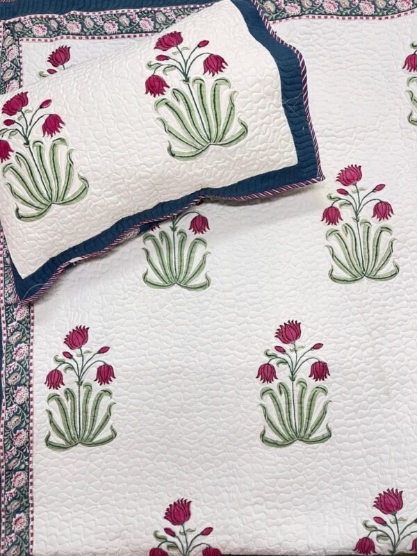 Hand Block Printed machine quilted reversible bedcover with Two quilted pillow covers