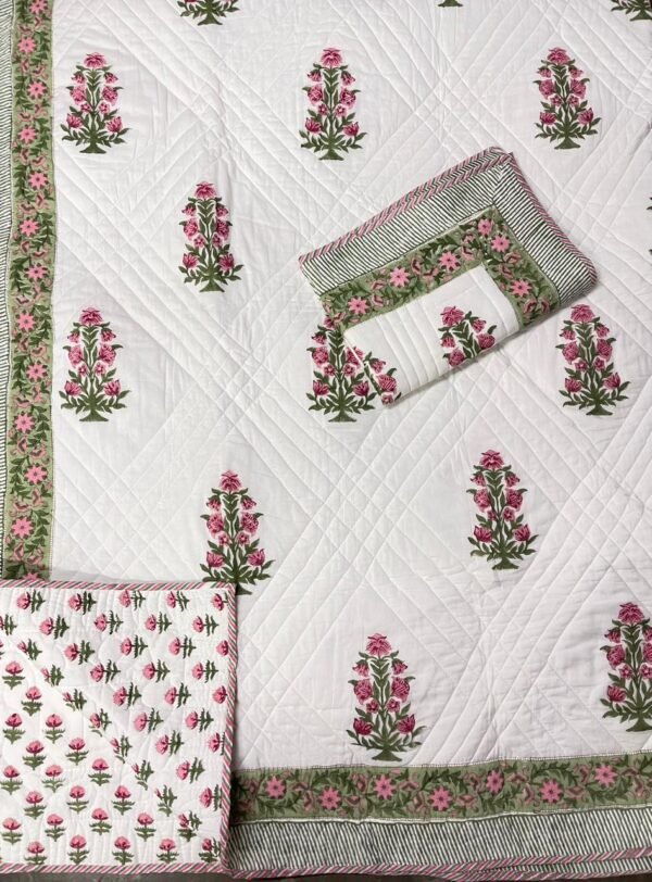 Hand Block Printed machine quilted reversible bedcover with Two quilted pillow covers