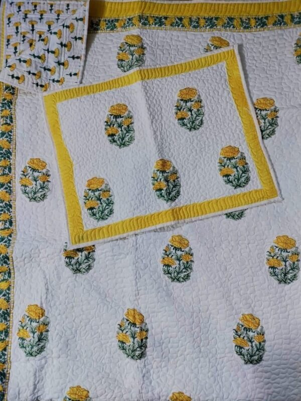 Hand Block Printed machine quilted reversible bedcover with Two quilted pillow covers